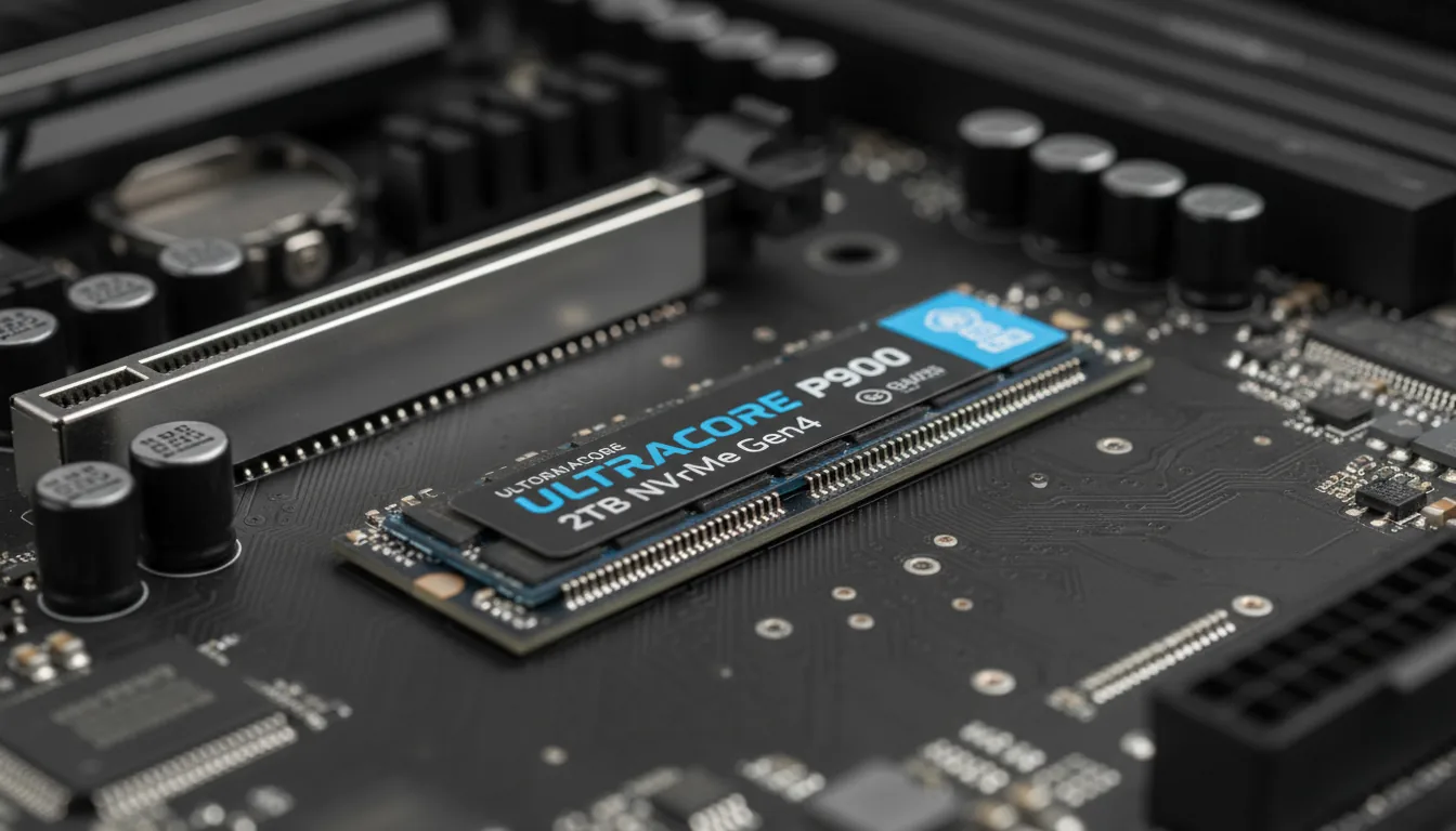 Macro DSLR photograph of a modern M.2 NVMe SSD, with a blue and black label, installed on a matte black high-performance computer motherboard. The shot features a shallow depth of field, with the SSD in sharp focus and the surrounding motherboard components, including a PCIe slot and capacitors, softly blurred in the background. Lit by clean, soft studio lighting that emphasizes the technical details and textures of the hardware.
