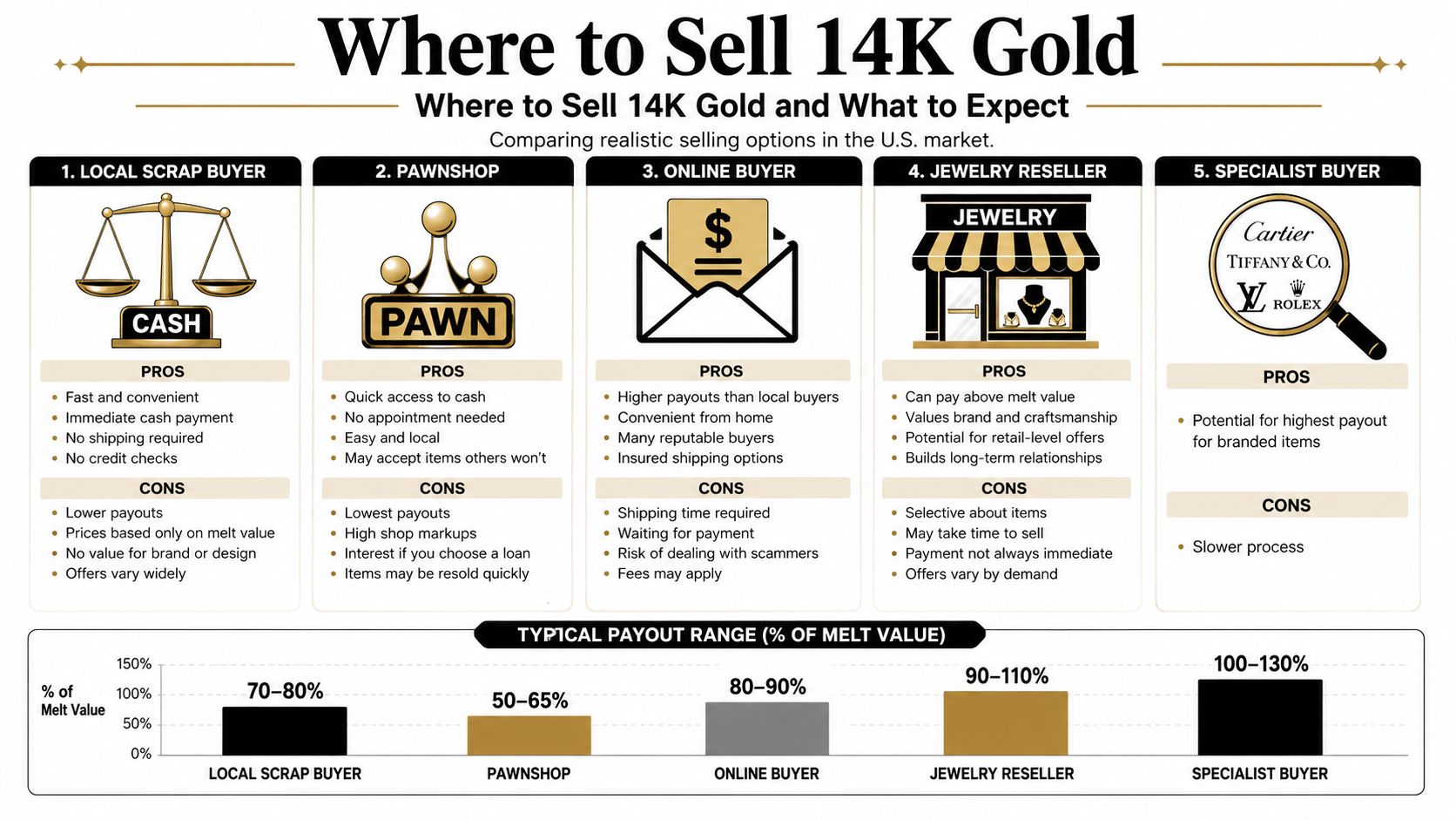 An infographic comparing five different ways to sell 14k gold, highlighting pros, cons, and payout percentages.