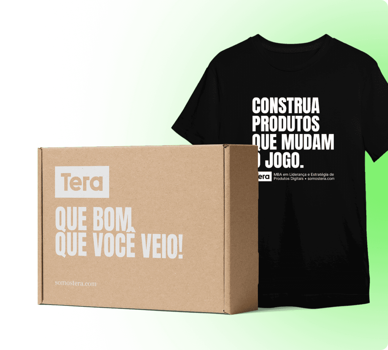 Uma camiseta preta com texto exibido ao lado de uma caixa de papelão simples em um fundo verde brilhante.