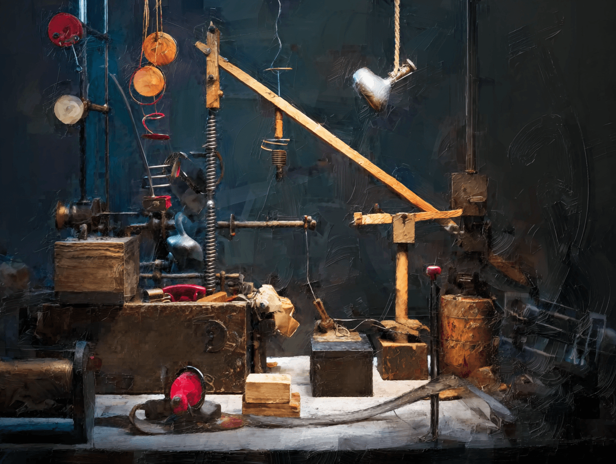 A detailed digital painting depicts a complex, improvised machine built from wood, metal, springs, and levers. The contraption resembles a Rube Goldberg device illuminated by a single light, evoking a mood of invention, experimentation, and mechanical curiosity in a dimly lit workshop.