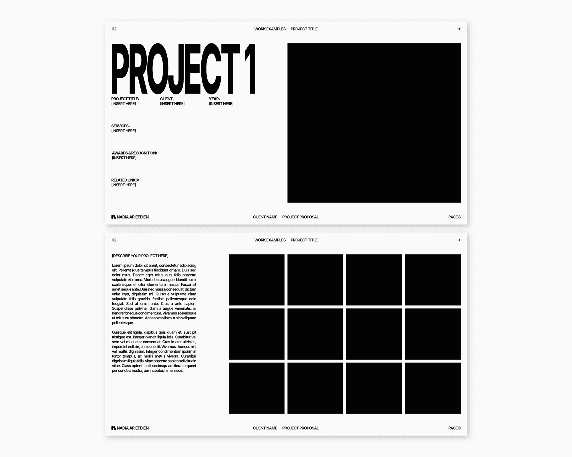 Two pages from Nadia Ariefdien's Project Proposal Presentation Template.
