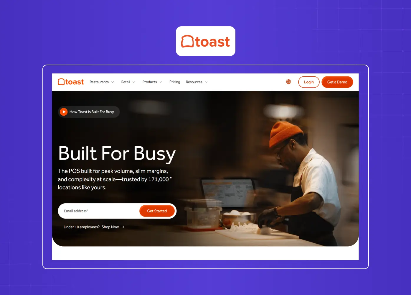 Homepage of Toast featuring restaurant-focused POS software with warm imagery, prominent CTAs, and industry-specific messaging.