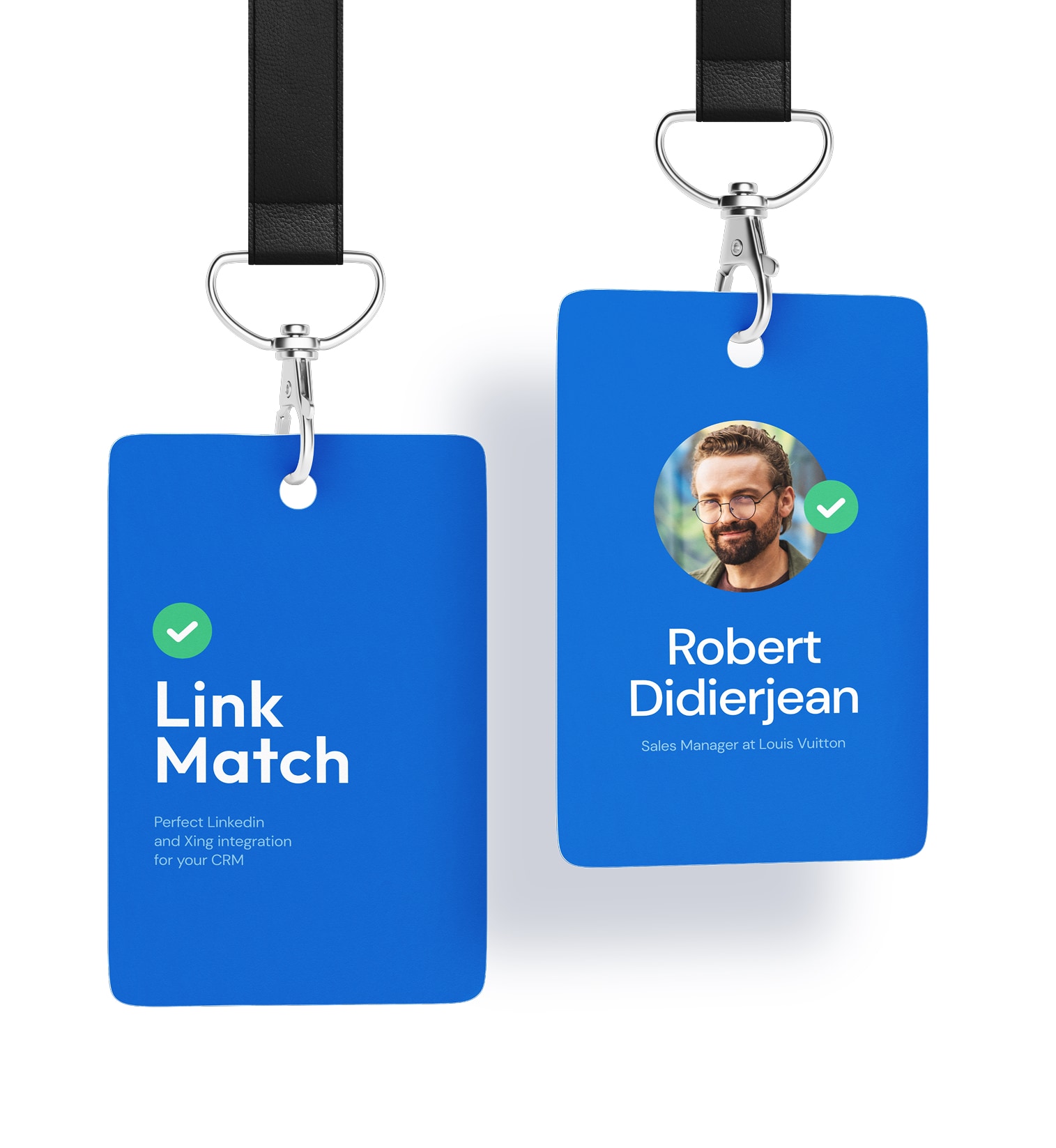 LinkMatch branded ID badge design with corporate colors and verification mark