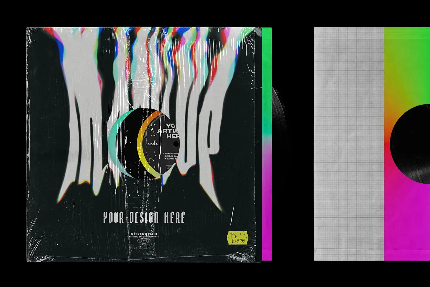 Vinyl record mockup with distorted album artwork preview and visible record sleeve