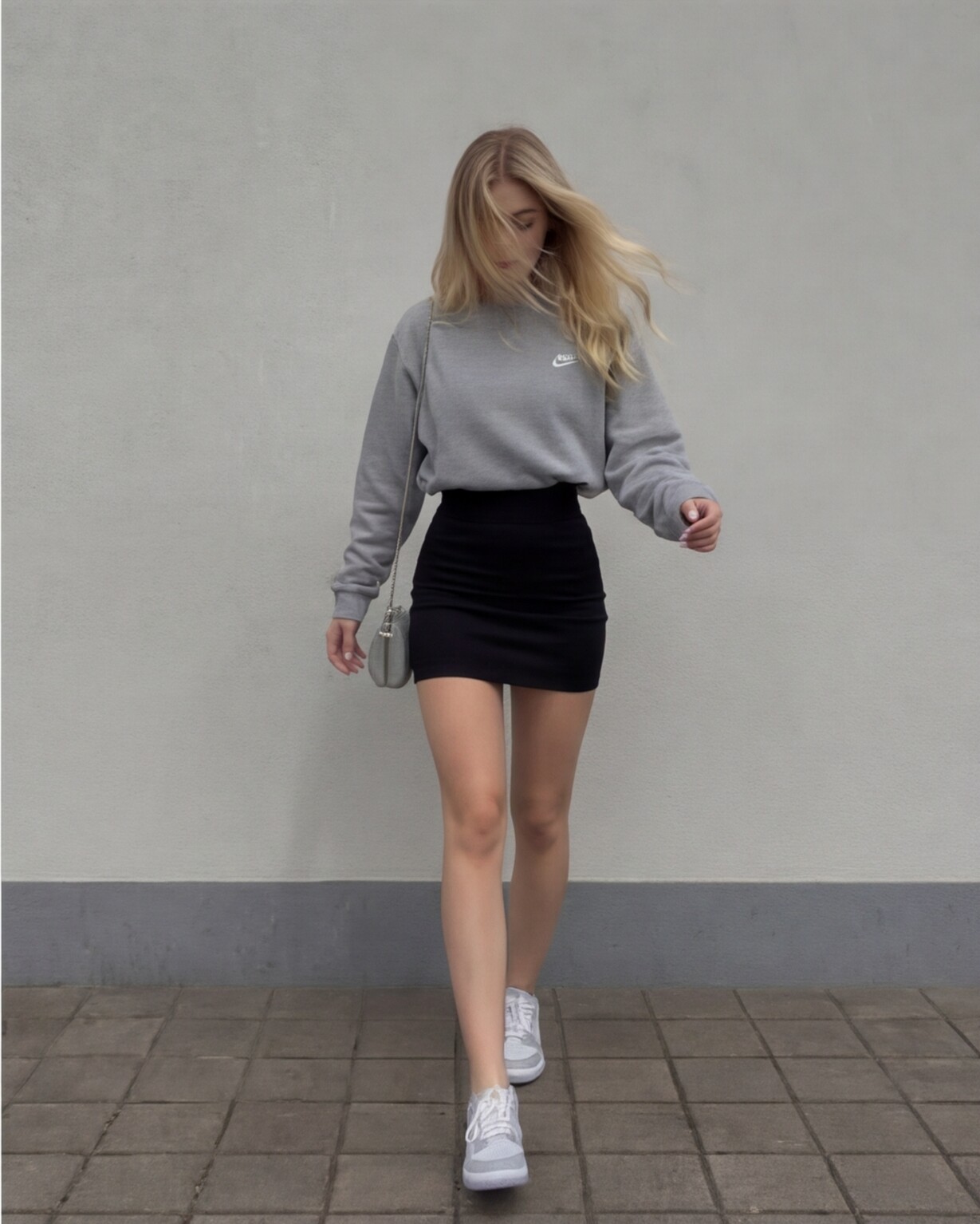 Grey Graphic Sweatshirt with Black Mini Skirt