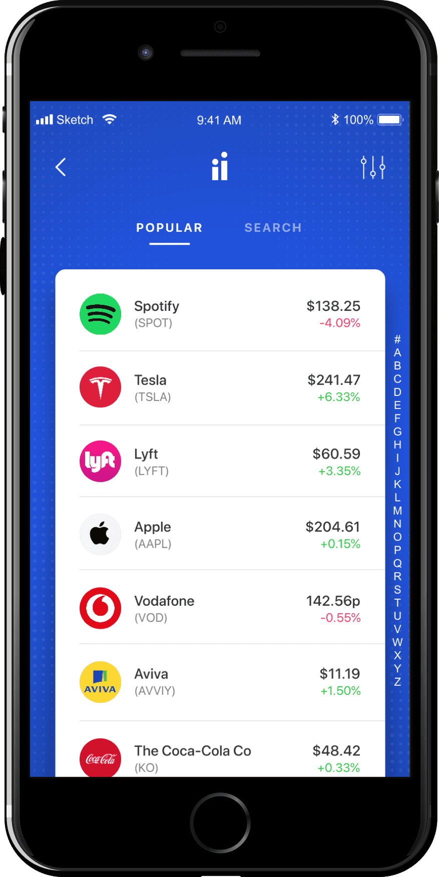 Discover markets screen listing popular stocks with prices