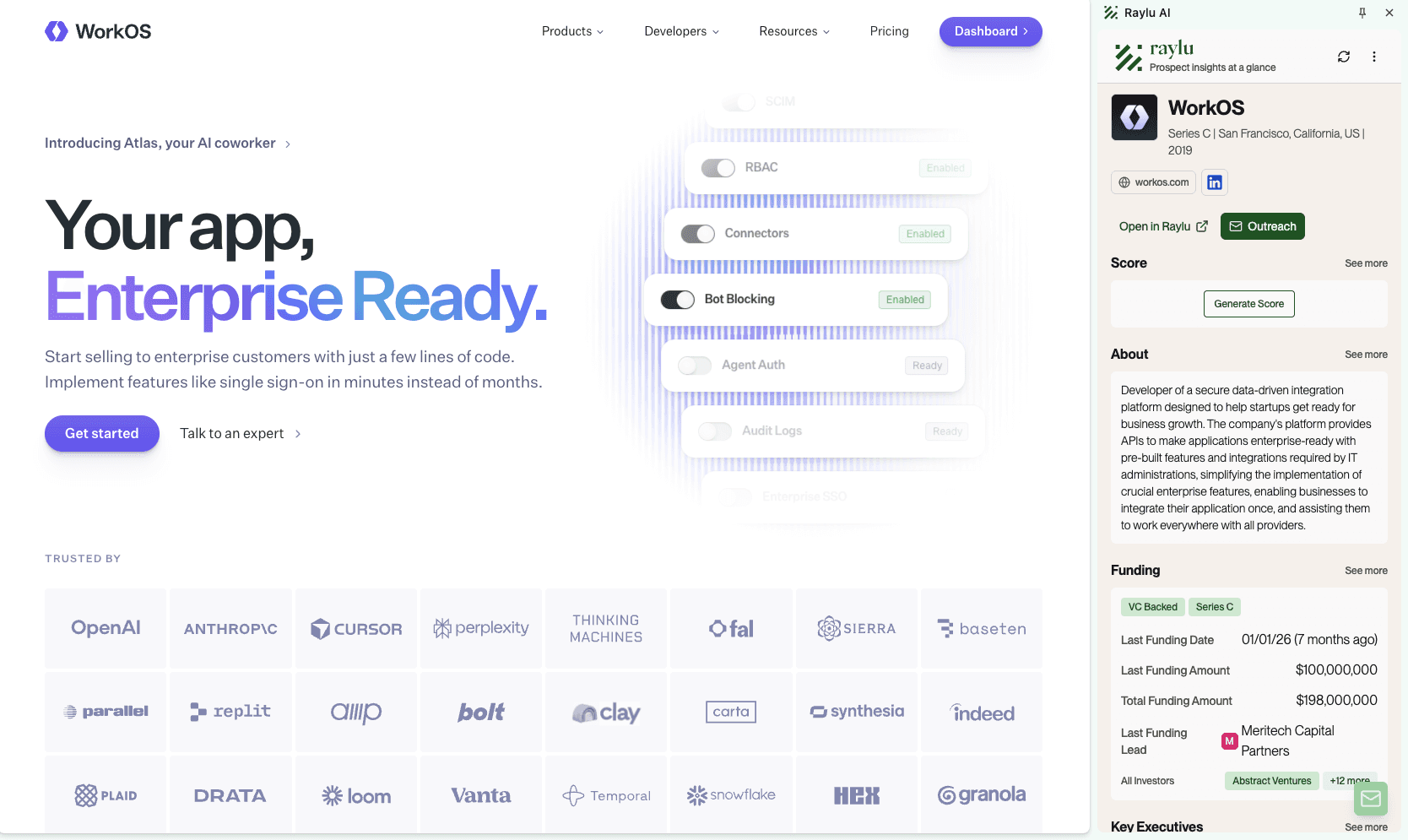 Raylu Chrome extension open over a company website