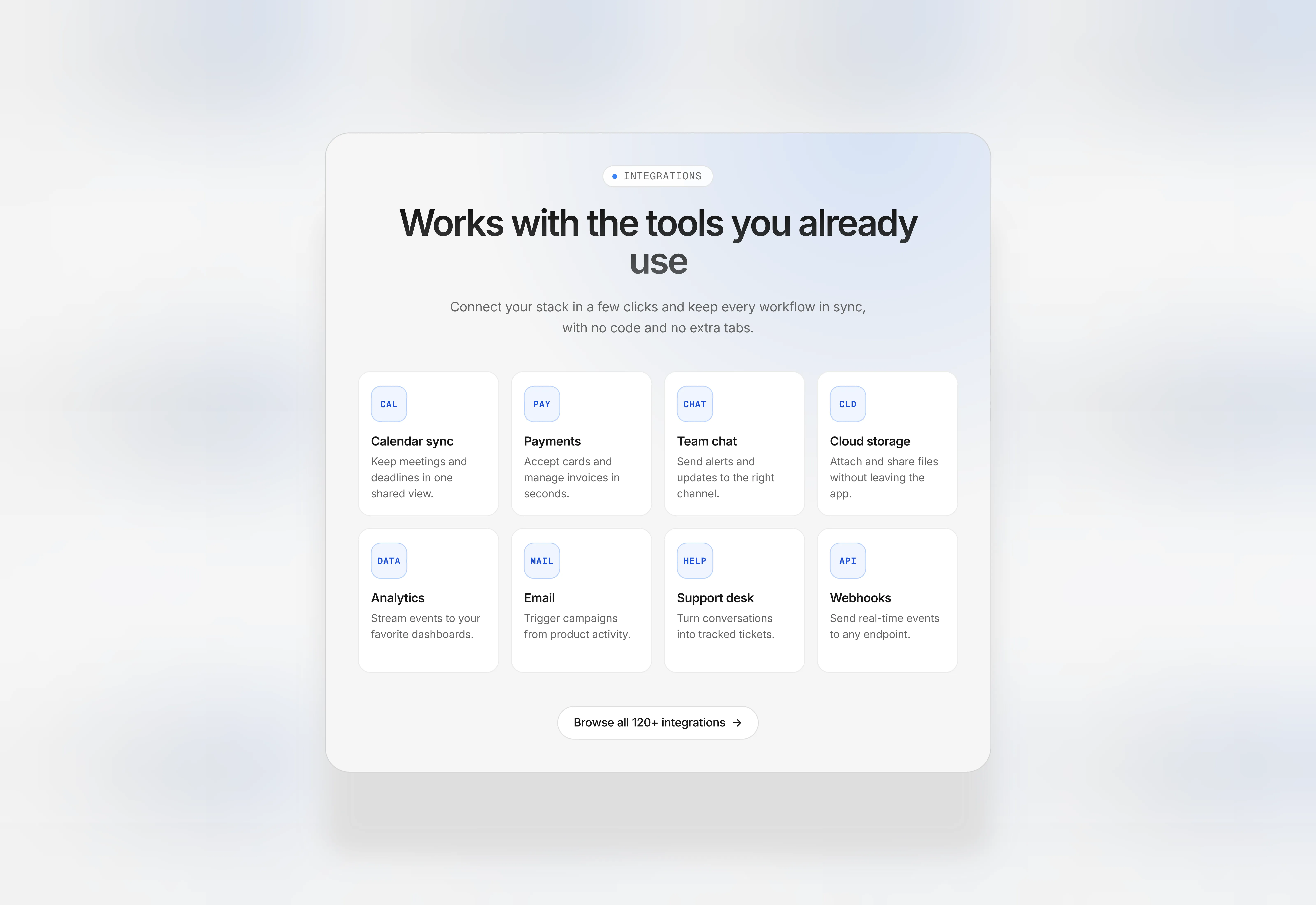 Light themed integration grid section for Framer site. UI optimized for tablet breakpoints.