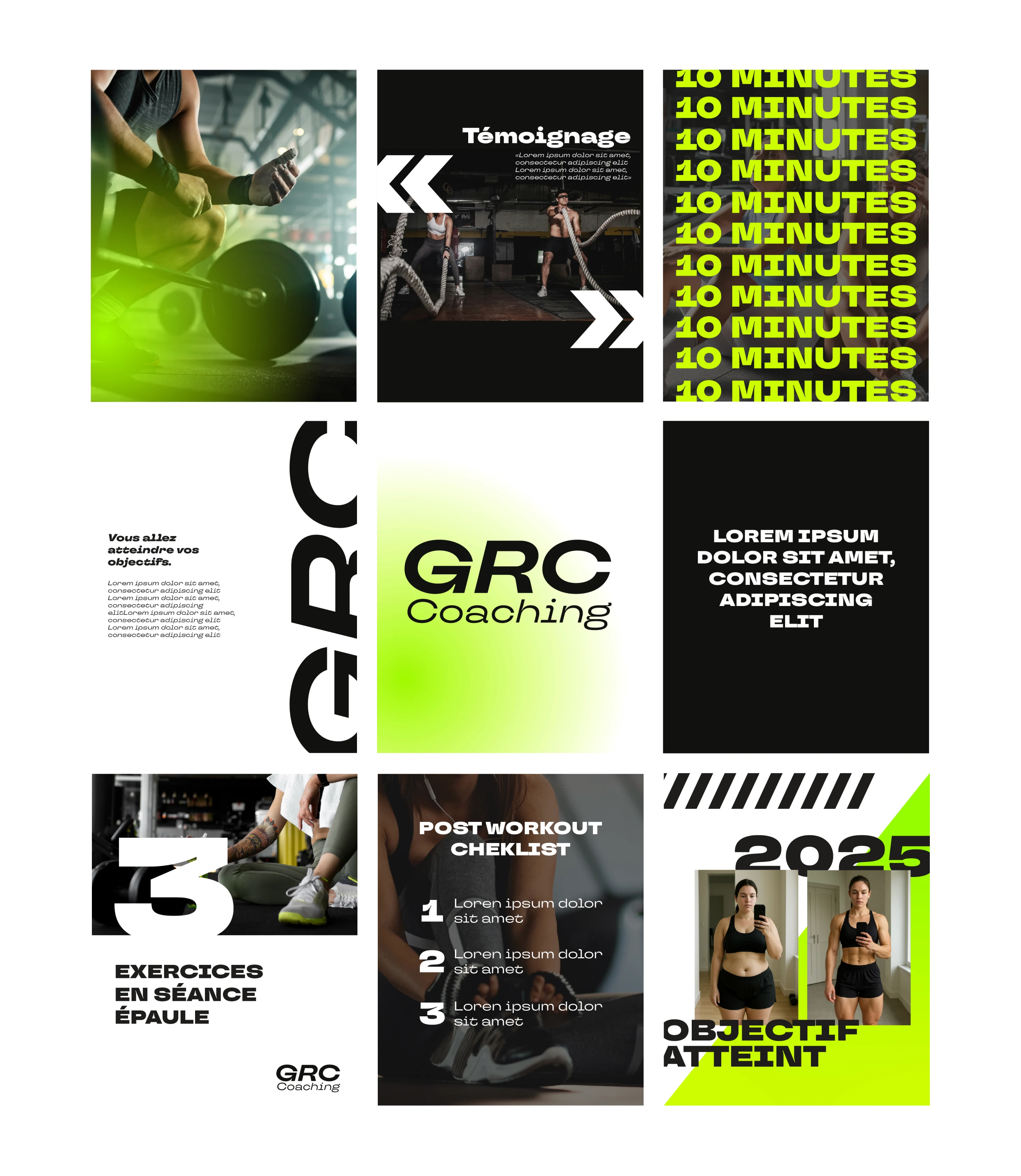 Détail d'une grille Instagram stratégique pour coach sportif : exercices, témoignages et avant/après.