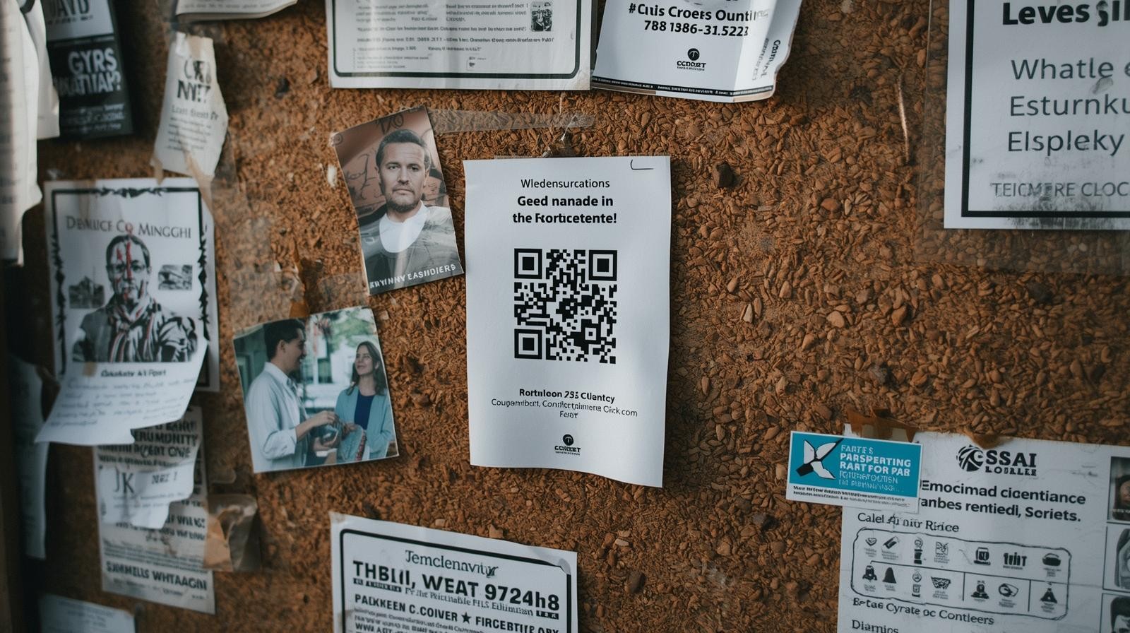 A nonprofit flyer with a QR code on a community bulletin board.
