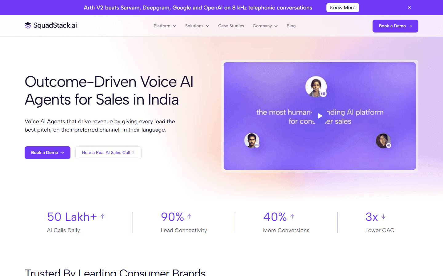 The SquadStack homepage, headlined "Outcome-Driven Voice AI Agents for Sales in India."
