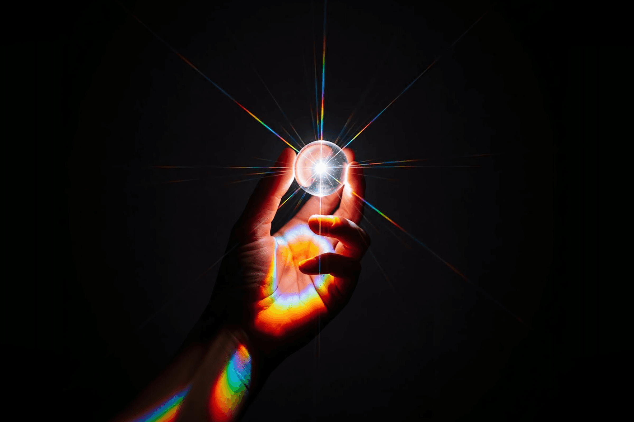 Hand holding a crystal sphere refracting light in darkness, symbolizing the unique soul and vision of a product that AI cannot replicate.