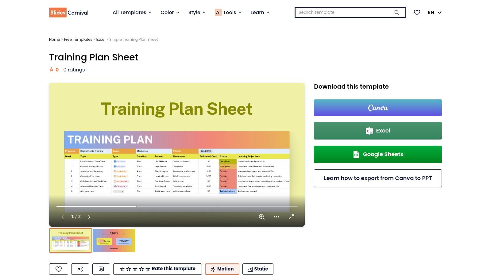 SlidesCarnival – Training Plan Sheet (Canva/Sheets/Excel)