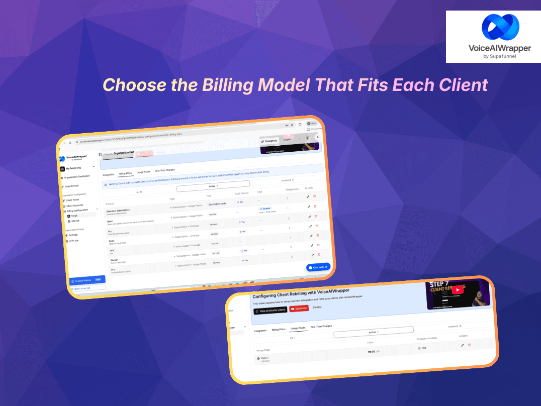 ElevenLabs wrapper split feature with Stripe auto-billing and usage markup, flexible subscription overage and usage plans, and direct payments with zero margin sharing | VoiceAIWrapper