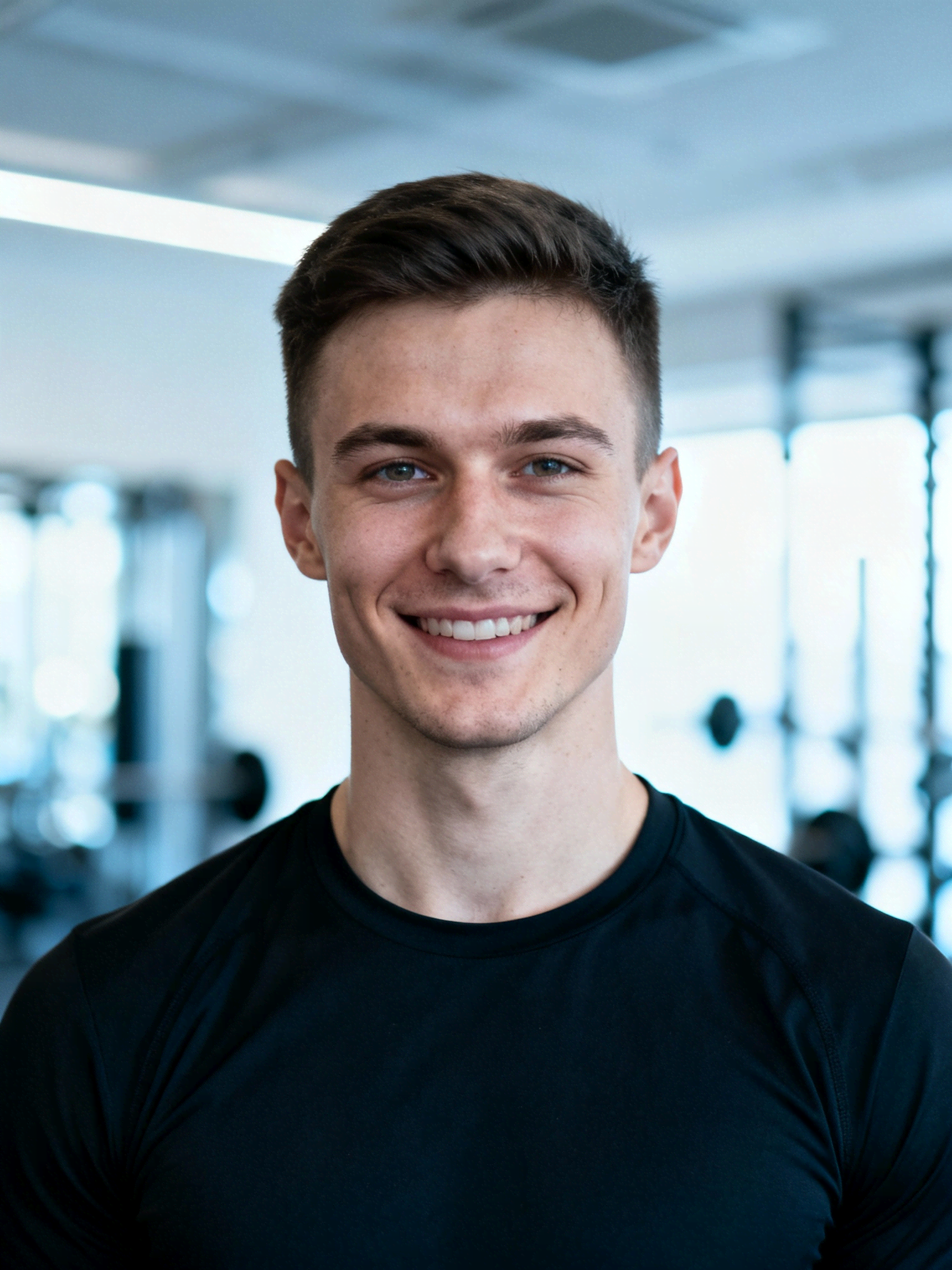 Smiling young male athlete in a black training shirt standing in a gym with weight racks behind him.