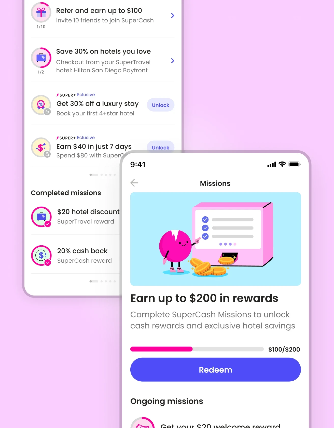 Product design mockup of Super.com’s Missions dashboard showing ongoing and completed tasks, highlighting how clear progress tracking improved user engagement and reward completion.