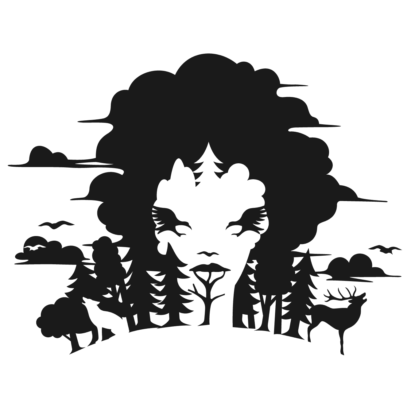 Black and white illustration of a forest with animals and clouds where the middle part of these elements create the image of a woman's face.