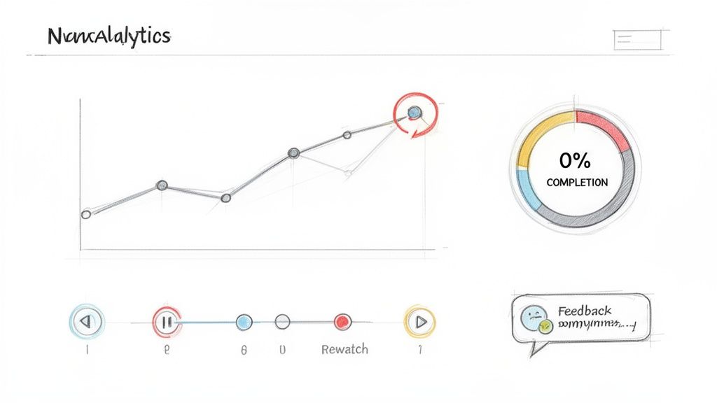 A sketch-style dashboard displaying a line graph, 0% completion chart, timeline, and feedback icon.