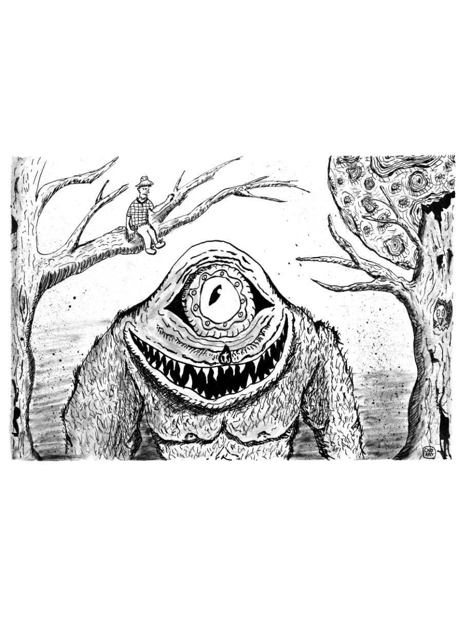 A drawing of a monster with his friend comic style