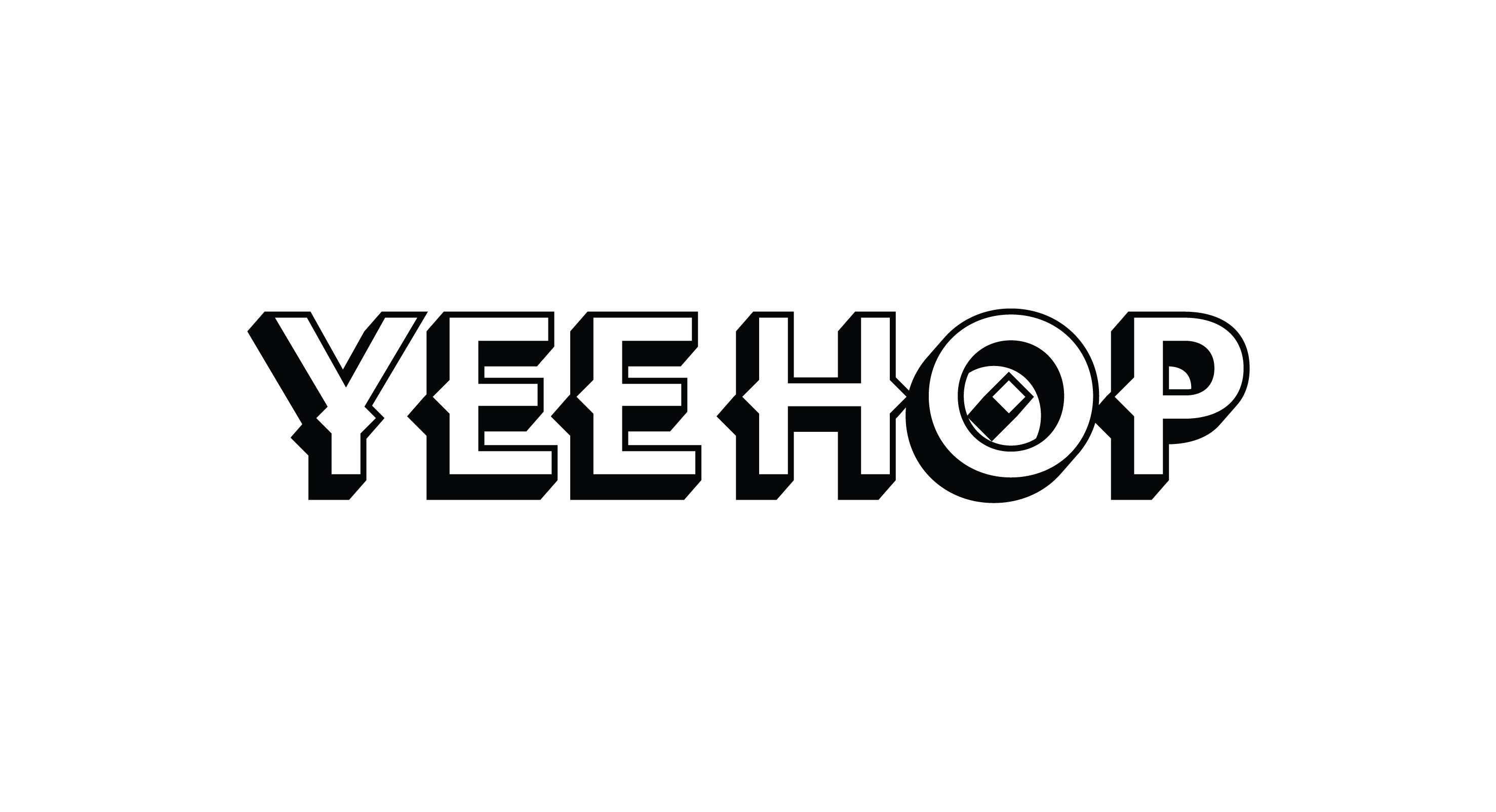 Black-and-white YeeHop logo with a 3D cartoonish style and a Wild West theme, featuring medial spurs integrated into the wordmark.