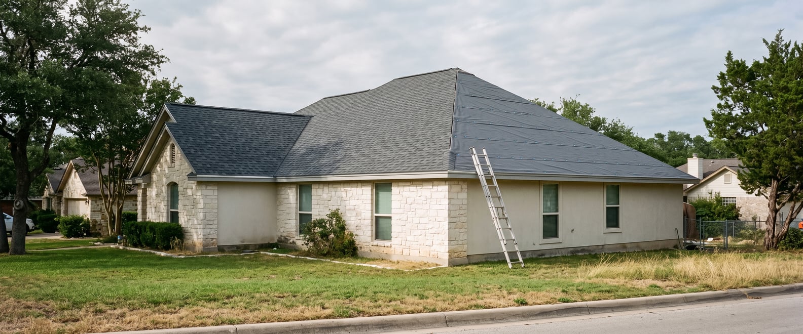 A house mid replacement, the front roof plane finished in new charcoal shingles and the side plane still showing grey underlayment
