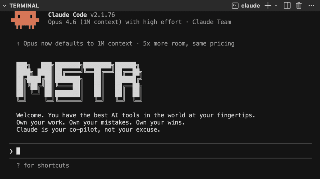 Claude Code terminal workflow bij MSTR AI development