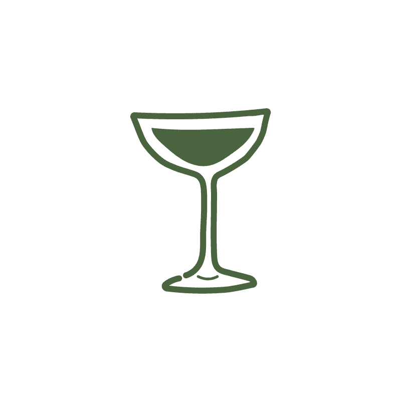 A simple outline of a coupe or martini-style cocktail glass in olive green