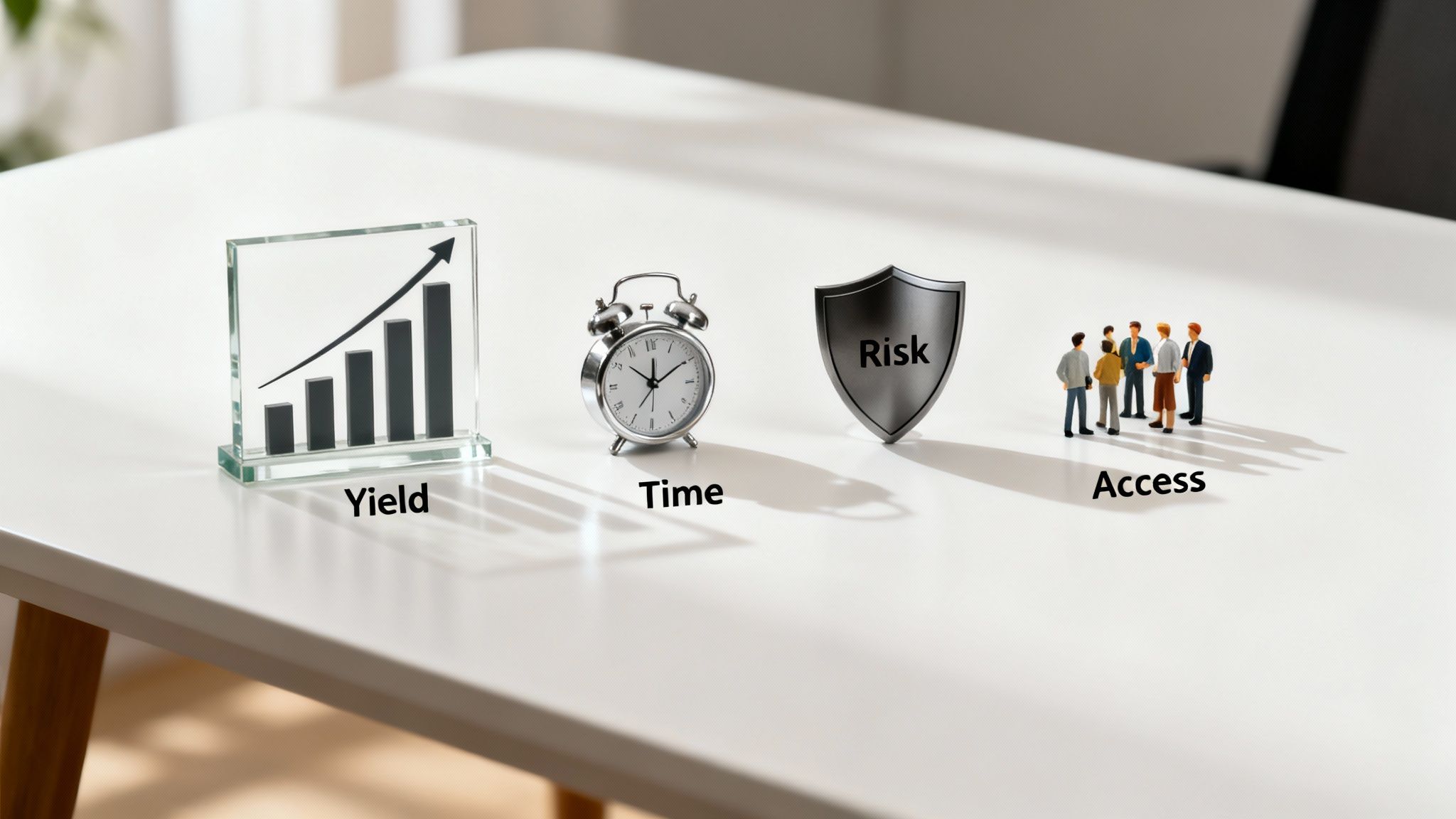 Visual representation of financial concepts: yield, time, risk, and access, on a white table.