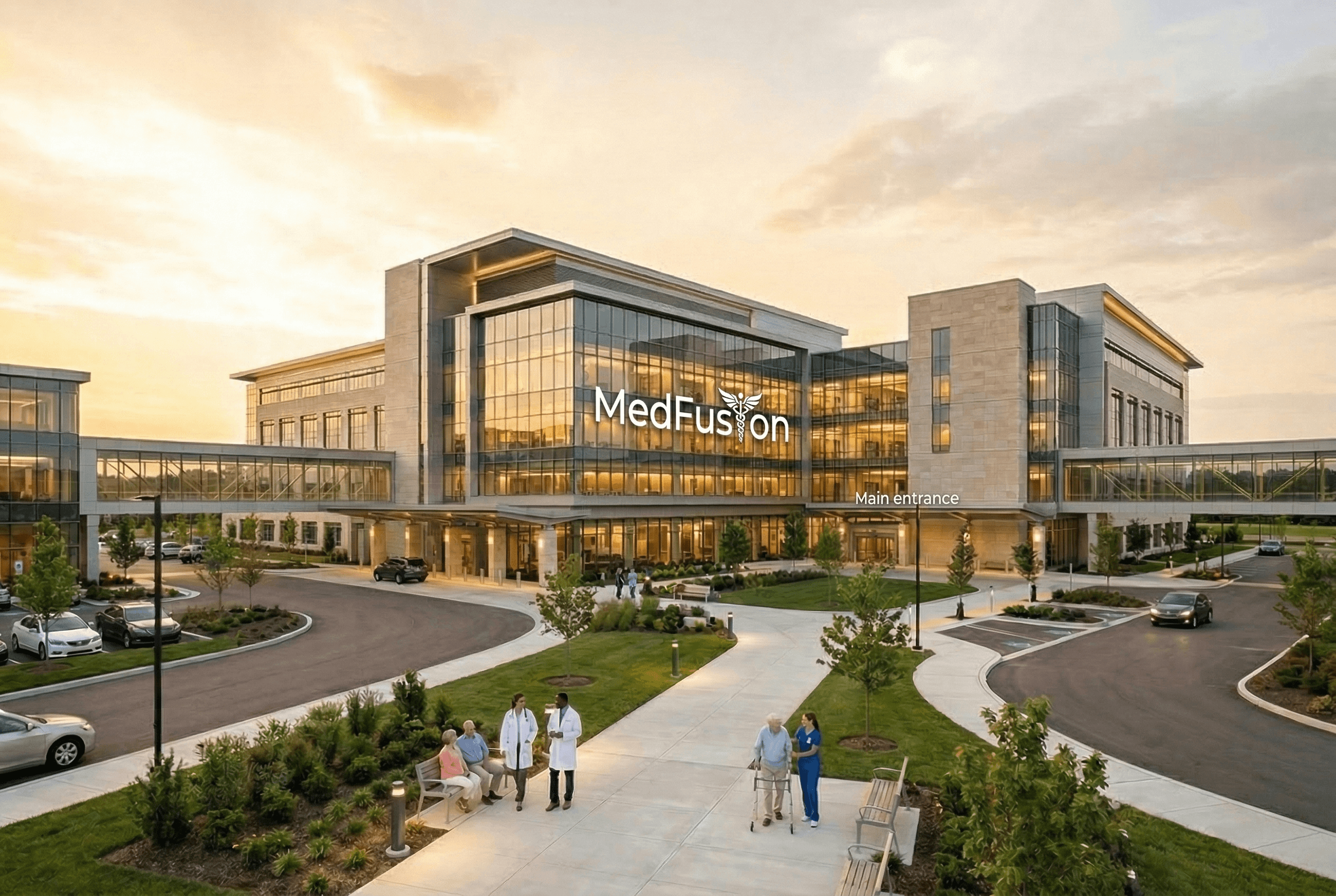 Modern office building with large windows reflecting a vivid orange sunset sky, silhouetted figure visible through the glass.
