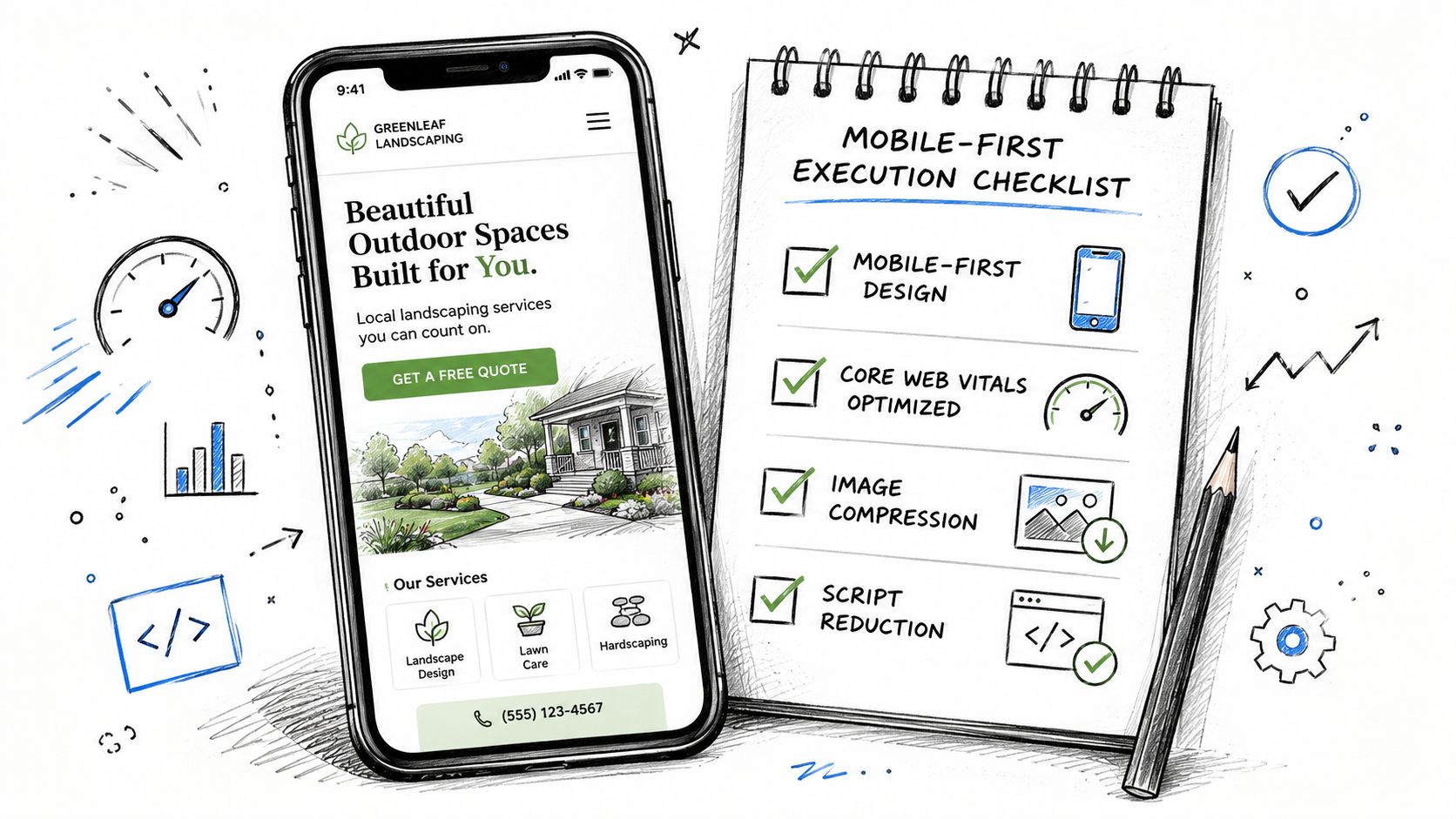 A mobile phone displaying a landscaping website alongside a mobile-first execution checklist on a notepad.