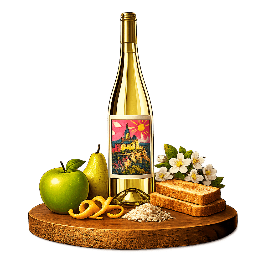 Artistic label and flavor profile for Moldovan Sparkling Wine on a rustic wooden table.