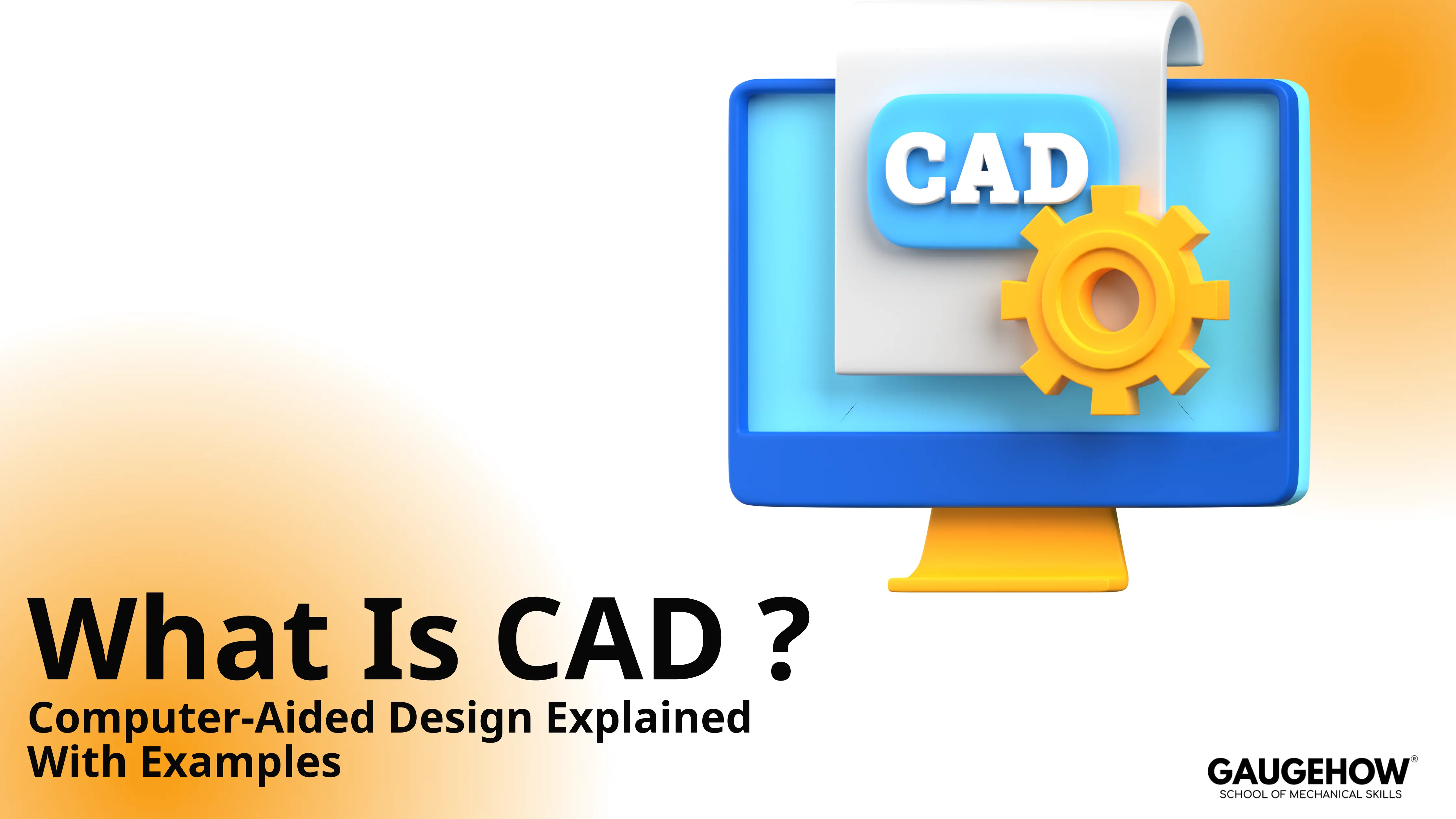 What is CAD poster with CAD icon on monitor and gear, computer-aided design explained