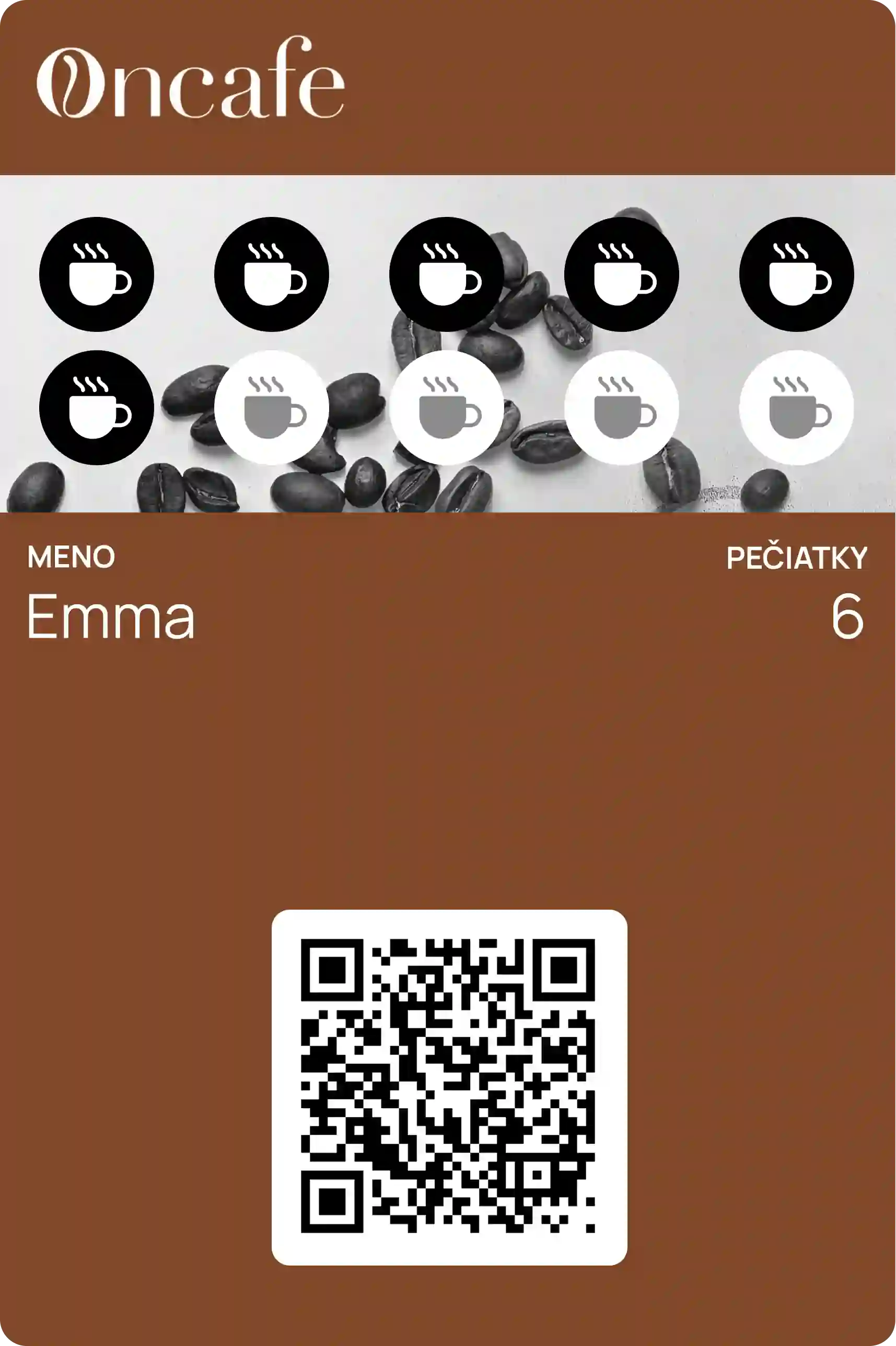 Digitálna pečiatková karta kaviarne Oncafe s 10 pozíciami, 6 zozbieraných. Hnedý dizajn s fotografiou kávových zŕn a ikonami šálok. Meno Emma, QR kód.