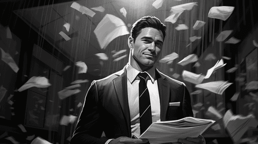 A black white man in a cosieprint uses papers to read while paper flies around him because of the wind. 