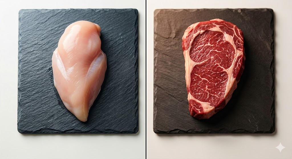 A side-by-side comparison of two raw meats: on the left, a whole, raw skinless chicken breast fillet on a dark textured slate board; on the right, a thick, well-marbled raw ribeye steak on a similar dark slate board. Both are resting on a light cream surface with a vertical dividing line. This image illustrates the visual difference between clean lean poultry and high-fat beef.