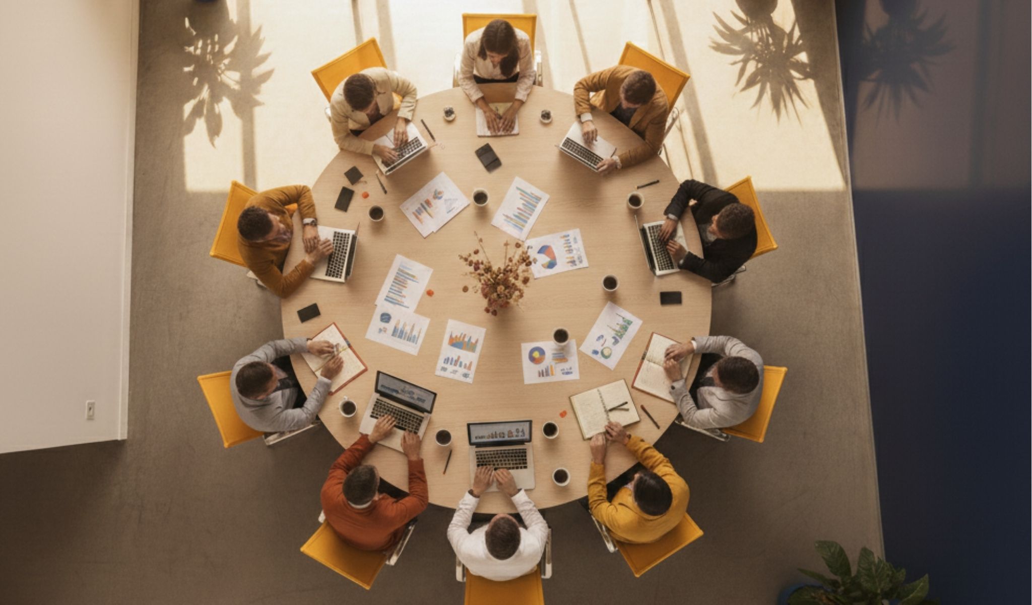 Une équipe en réunion vue du dessus
