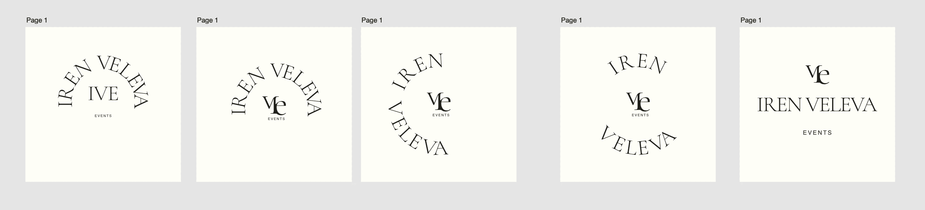 Втората концепция за лого дизайн на Iren Veleva Events представя монограм с инициалите “IV/Ve” в комбинация с изписано по дъга име — класически подход, често използван в луксозния сегмент. Тази вариация изследва по-традиционна, serif визуална идентичност и служи като ключов етап в процеса по изграждане на бранд система и лого структура.