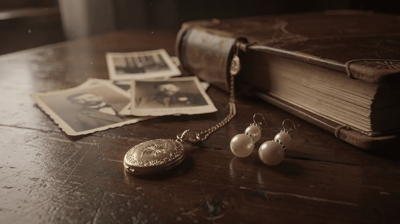 The image features vintage jewelry, old photographs, and a leather-bound book elegantly arranged on a dark wooden table, evoking a sense of nostalgia and the importance of preserving family heirlooms and final wishes in estate planning documents for future generations.