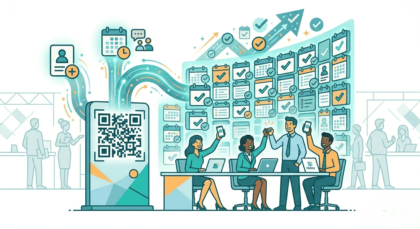 Prospect scanning a Habsy QR code and instantly accessing a calendar booking page to schedule a meeting.