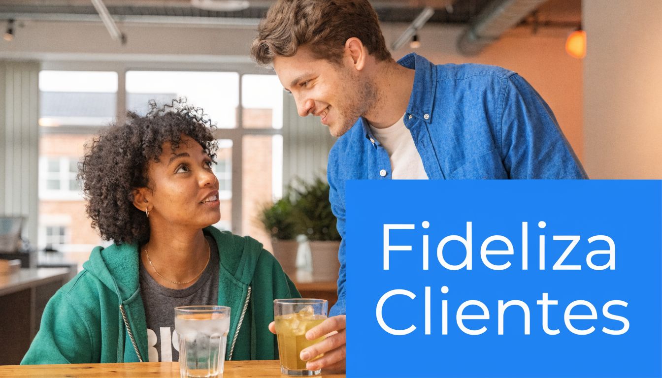 Una mujer y un hombre conversan amigablemente mientras sostienen bebidas, con el texto Fideliza Clientes superpuesto.