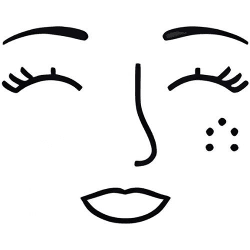 Minimal line icon of a cheek outline with three small pores at the bottom, tiny dots rising upward and disappearing into clean sparkling lines, a couple of subtle star‑shaped sparkles near the surface, thin warm dark brown stroke, cream background, flat vector style symbolizing clear, smooth skin.