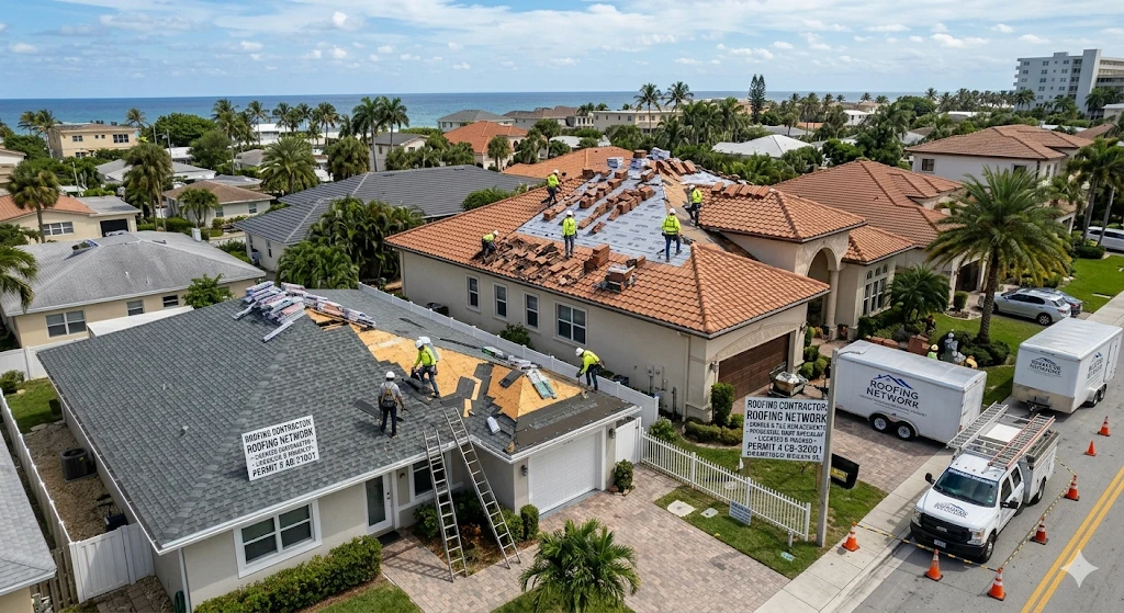 Roofing contractor Deerfield Beach FL — shingle and tile roof replacement on residential home by Roofing Network licensed contractor