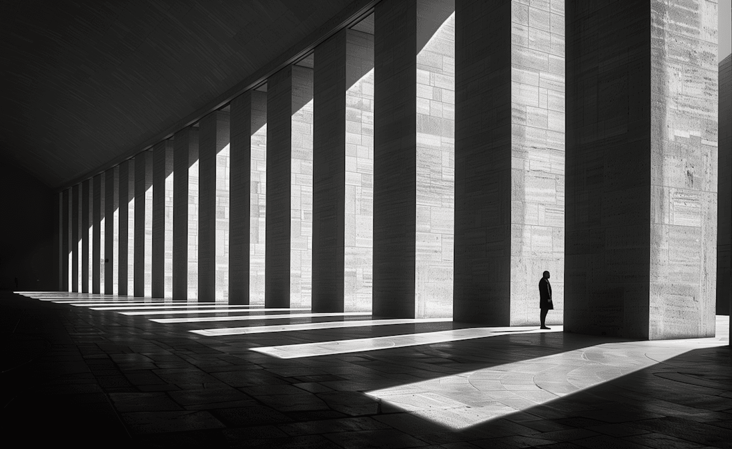 A solitary figure standing in the shadows cast by monumental architectural columns.