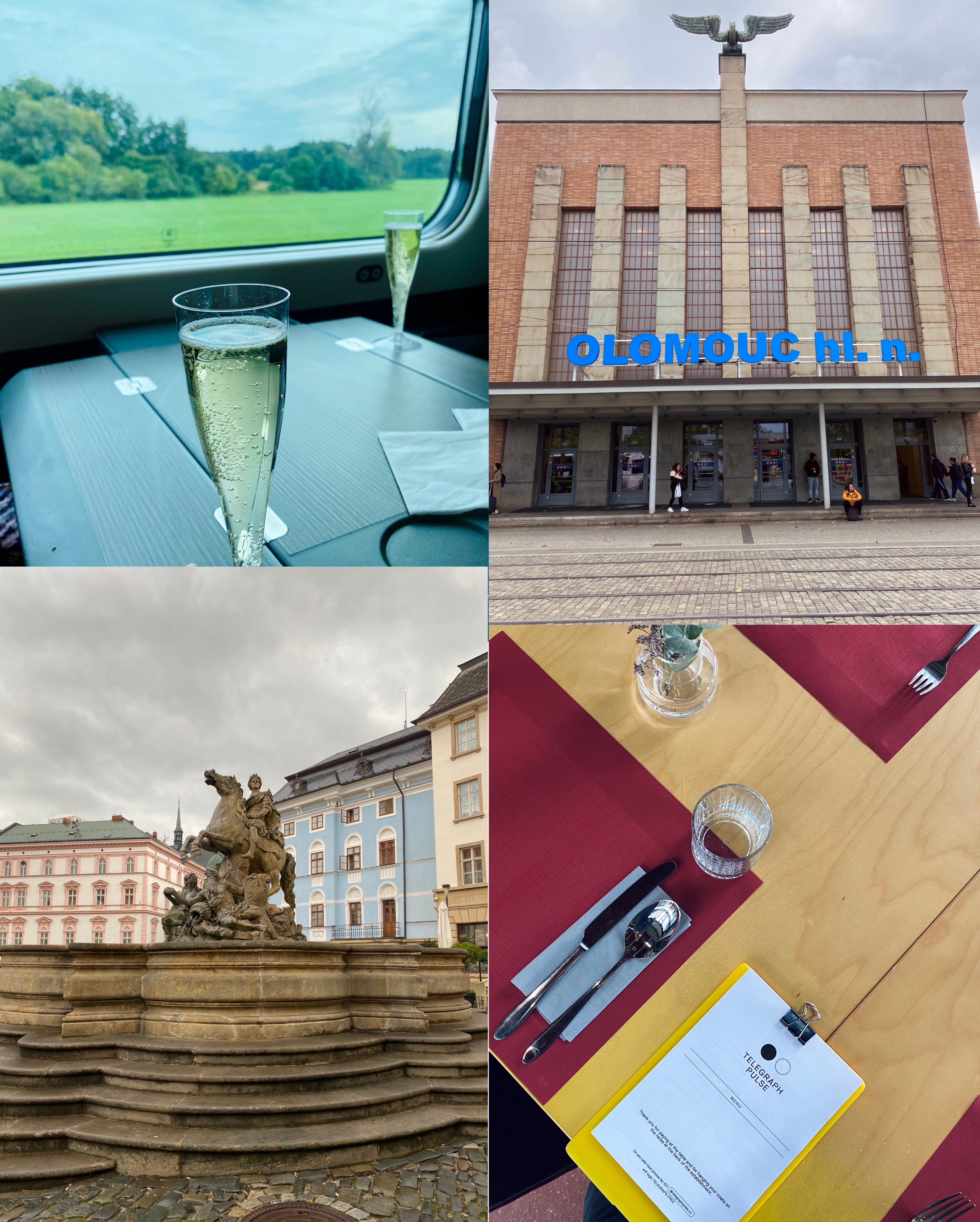 Clockwise from top left: two glasses of champagne on a train table with view of countryside; Olomouc train station; menu at Telegraph Pulse; Julius Caesar fountain in Olomouc main square