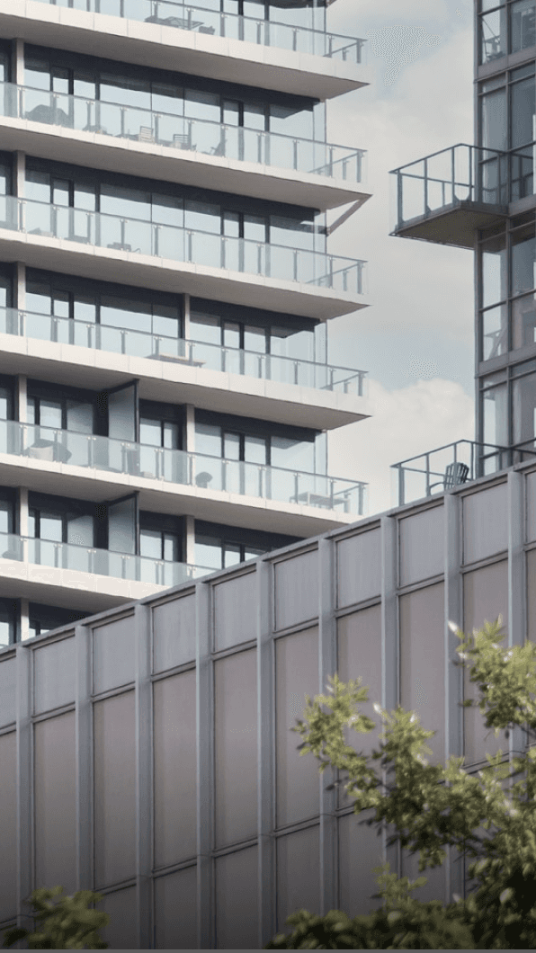 Close-up of a modern high-rise building featuring a geometric design with diagonal lines across its glass facade. The building includes rows of balconies with glass railings, creating a clean, contemporary aesthetic. In the foreground, partially blurred green foliage adds a natural contrast to the urban architecture.