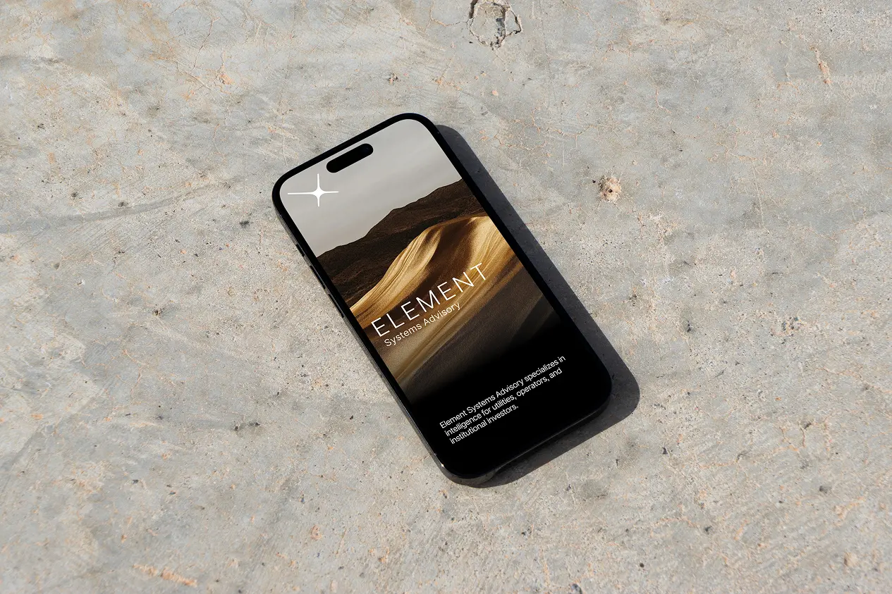 Mobile website design for Element Systems Advisory using a dark interface and bronze accents