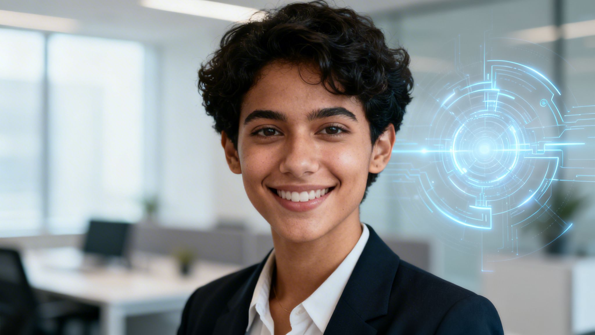 Eine junge, lächelnde Person im Business-Outfit mit einer futuristischen, holografischen Benutzeroberfläche in einem modernen Büro.