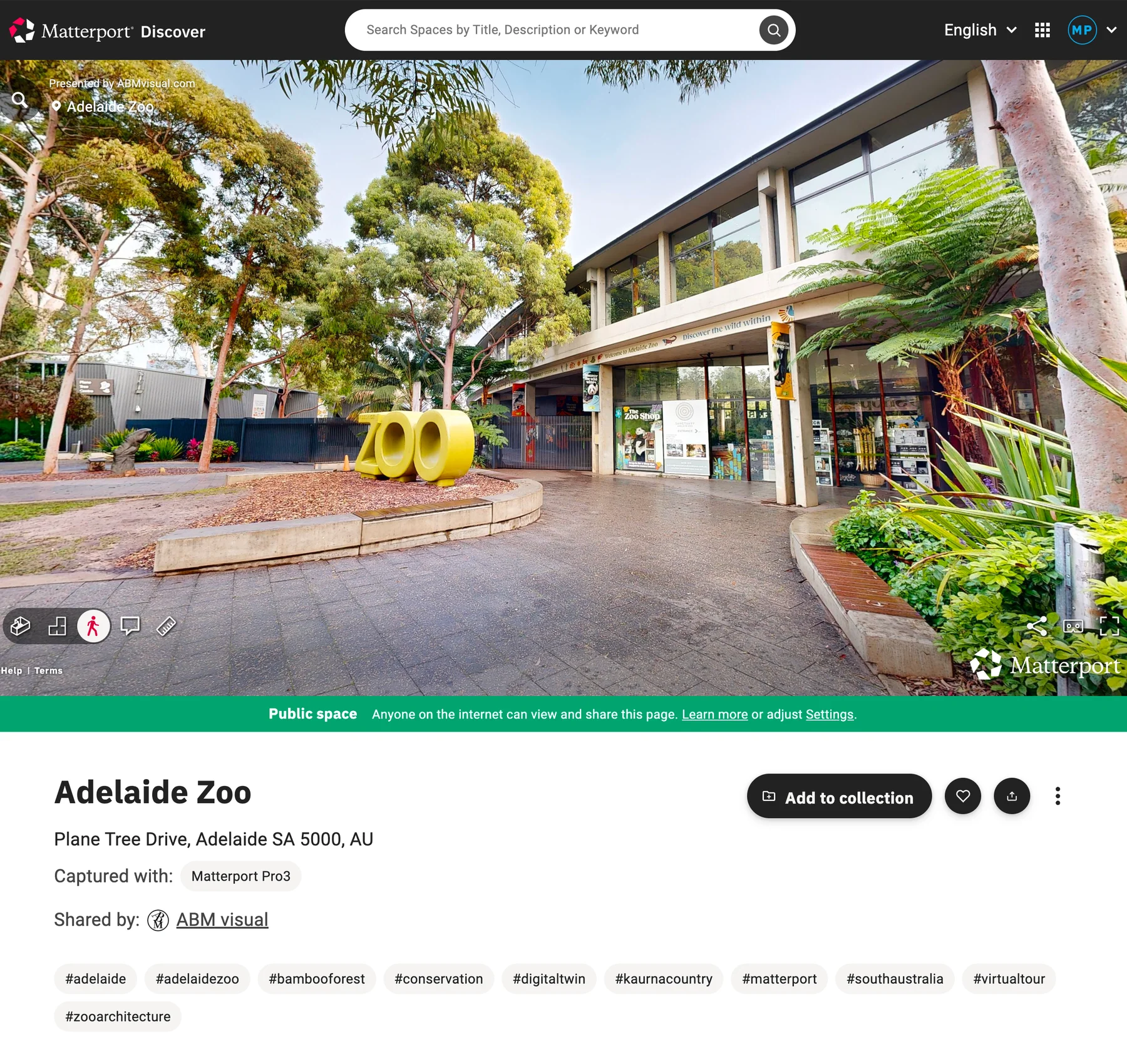 A digital showcase of a premium South Australian venue, Adelaide Zoo, published on the Matterport Discover network by ABM visual, highlighting global reach and enterprise-grade 3D digital twins