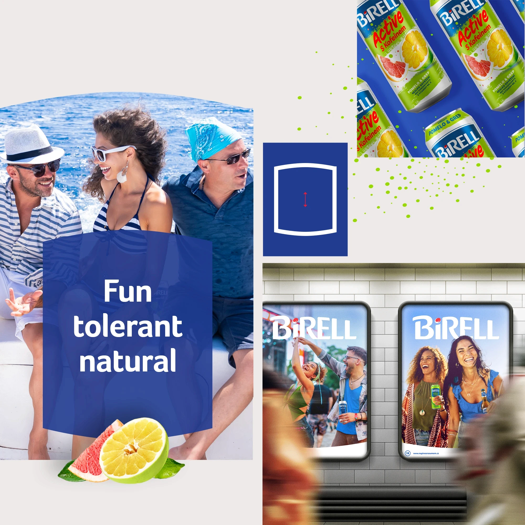 Various Birell ads, text reading 'fun, tolerant, natural'