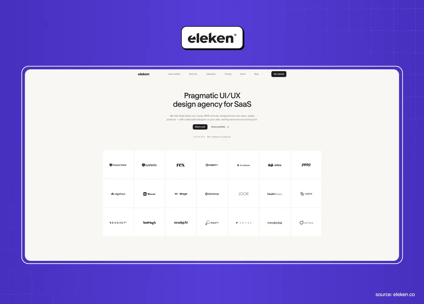 Eleken website promoting pragmatic UI/UX design for SaaS, with a grid of client logos below the headline.